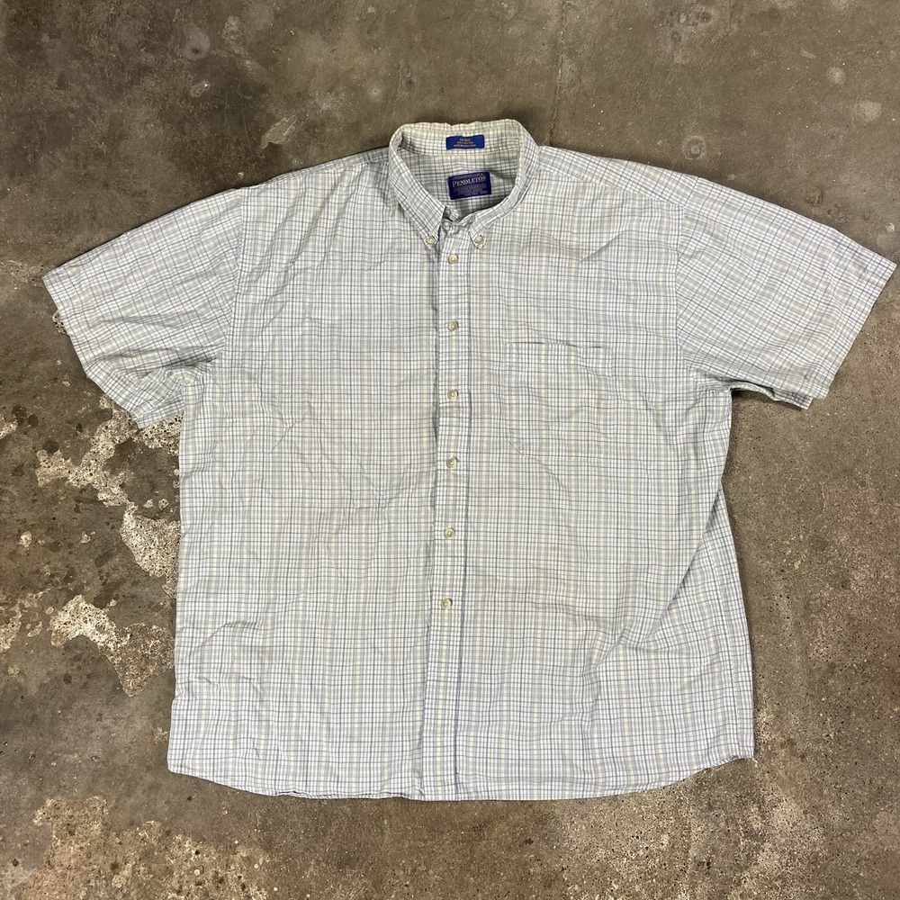 Pendleton Button-Down Shirt Size XXL Blue White Plaid Cotton Short Sleeve Casual